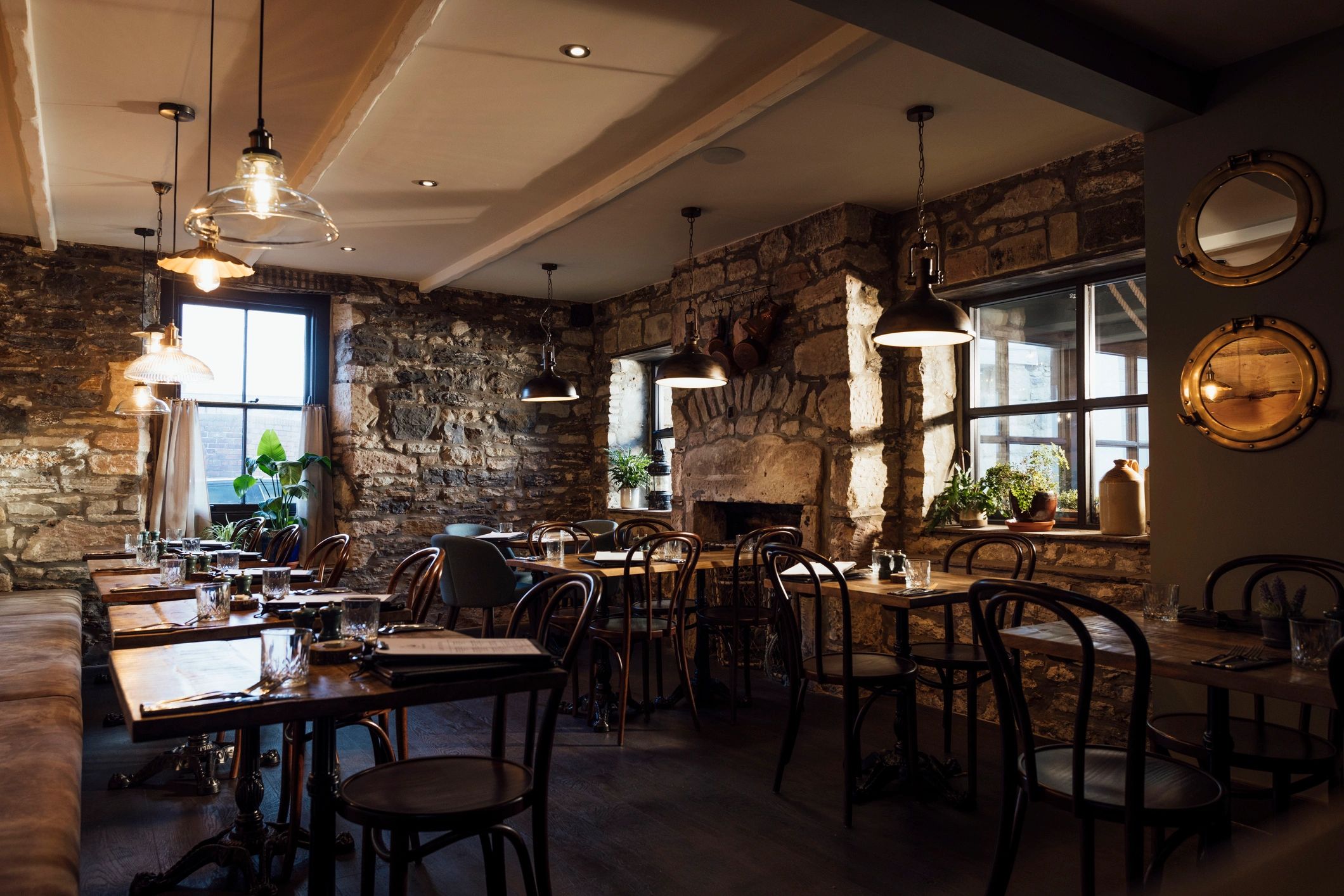 Stylish restaurant interior with set tables
